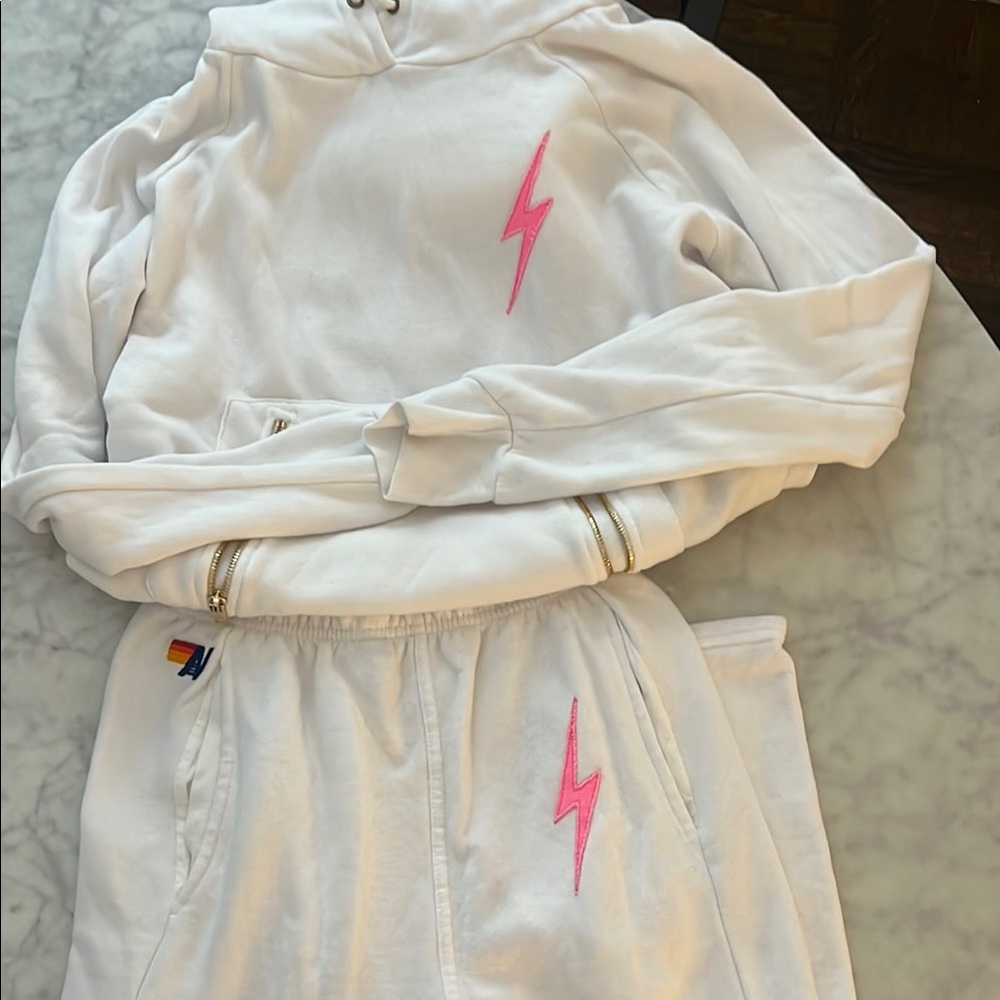 White Hoodie and Sweatpants Set with Pink Lightning Bolt